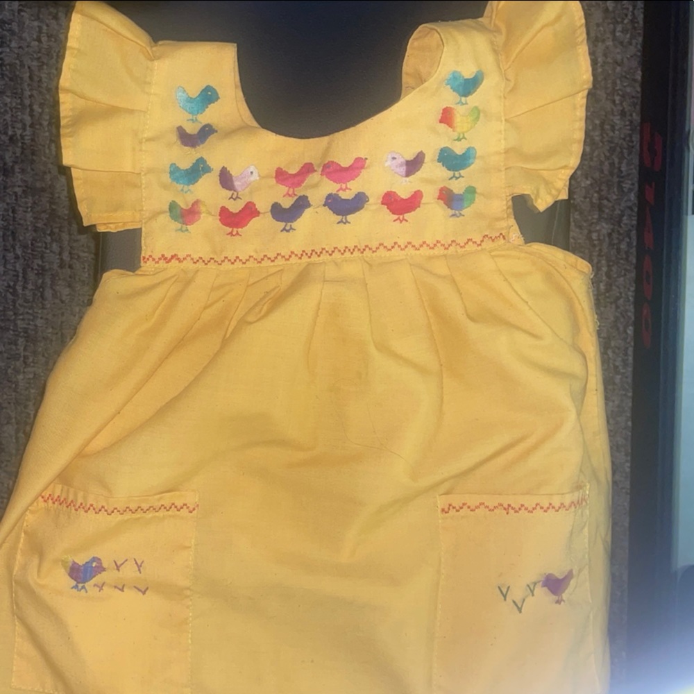 Yellow Kids Dress with Bird Embroidery